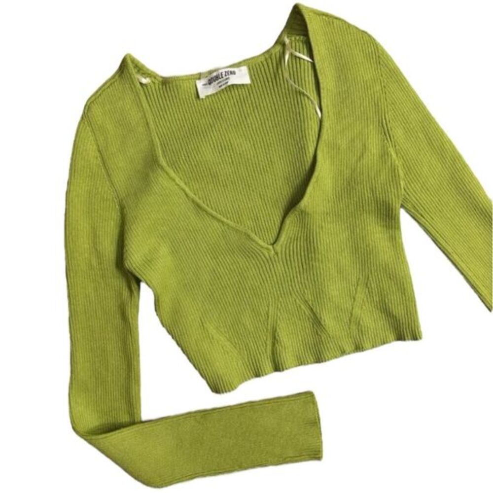 Double Zero Size M Long Sleeve Plunge Neck Crop‎ Green Pointelle Knit Rib Fitted